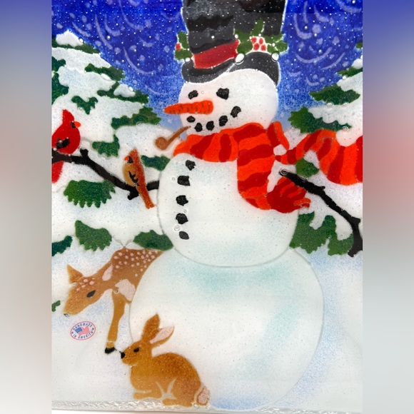 Peggy Karr Art Fused Glass Winter Snowman Cardinal Birds Square Platter 13 in - Picture 4 of 9